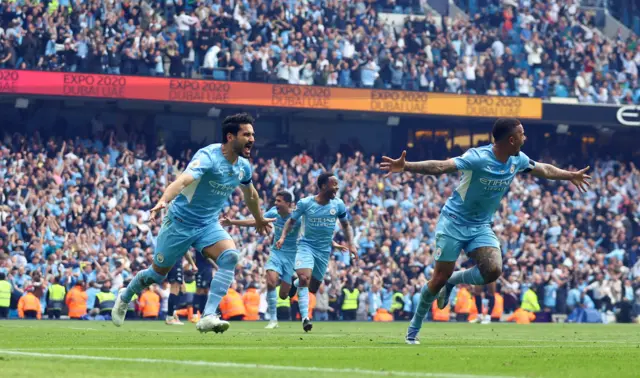 Ilkay Gundogan celebrates scoring for Manchester City against Aston Villa in 2022