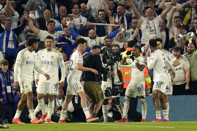 Leeds players and fans celebrate during their play-off win over Norwich