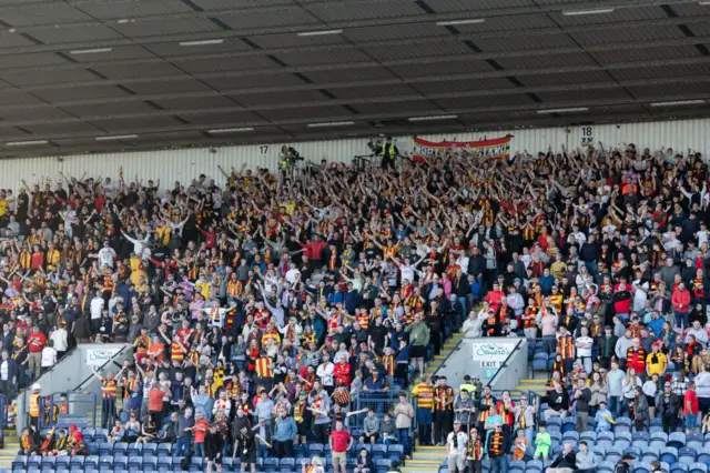 A general view of Partick fans during a cinch Premiership Play-Off Semi-Final 2nd Leg match between Raith Rovers and Partick Thistle at Starks Park, on May 17, 2024, in Kirkcaldy, Scotland.