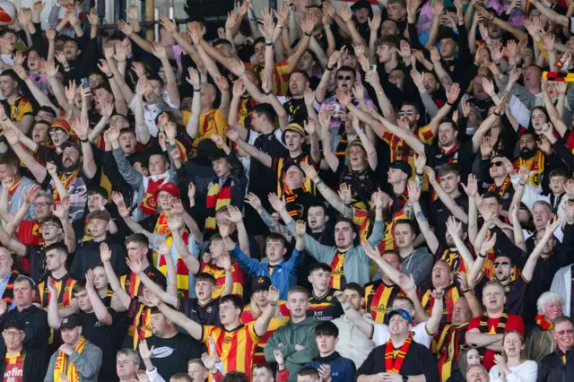 A general view of Partick fans during a cinch Premiership Play-Off Semi-Final 2nd Leg match between Raith Rovers and Partick Thistle at Starks Park, on May 17, 2024, in Kirkcaldy, Scotland.