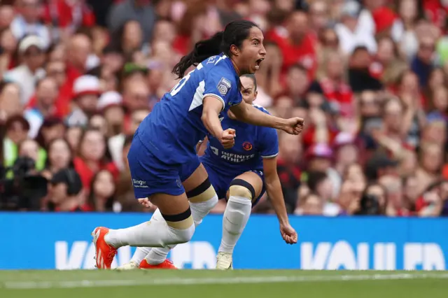 Mayra Ramirez of Chelsea celebrates scoring her team's first goal during the Barclays Women´s Super League match between Manchester United and Chelsea FC at Old Trafford