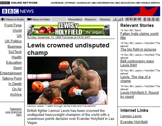 A screenshot of a 1999 BBC report when Lennox Lewis beat Evander Holyfield to become the undisputed heavyweight champion of the world