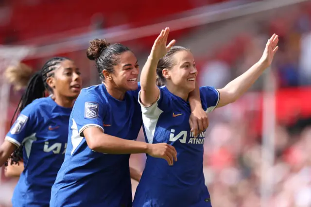 Fran Kirby of Chelsea celebrates with Jess Carter of Chelsea after scoring her team's sixth goal during the Barclays Women´s Super League match between Manchester United and Chelsea FC