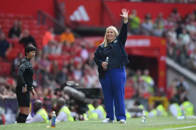 Emma Hayes, Manager of Chelsea gestures 5-0 to the fans during the Barclays Women´s Super League match between Manchester United and Chelsea FC at Old Trafford