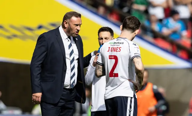 Bolton Wanderers' manager Ian Evatt issues early instruction to Josh Sheehan and Gethin Jones during the Sky Bet League One Play-Off Final match between Bolton Wanderers and Oxford United at Wembley Stadium