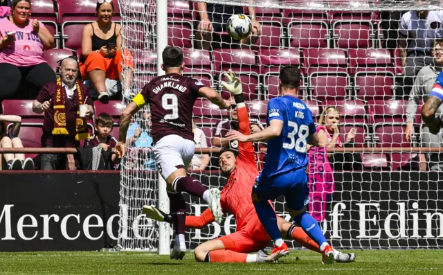 Hearts' Lawrence Shankland scores to make it 1-0 during a cinch Premiership match between Heart of Midlothian and Rangers at Tynecastle Park,