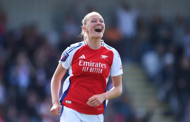 Frida Maanum of Arsenal celebrates scoring her team's fifth goal during the Barclays Women´s Super League match between Arsenal FC and Brighton & Hove Albion at Meadow Park