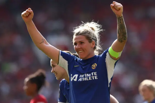 Millie Bright reacts to their win on the pitch after the English Women's Super League football match between Manchester United and Chelsea at Old Trafford