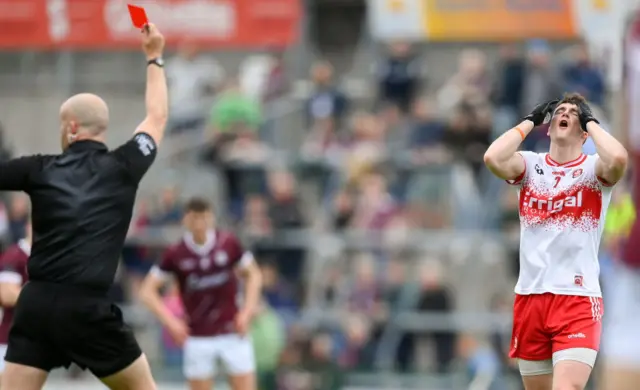 A big blow for Derry as Gareth McKinless is dismissed at Pearse Stadium