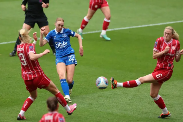 Sara Holmgaard of Everton scores her team's second goal during the Barclays Women´s Super League match between Bristol City and Everton FC at Ashton Gate Stadium