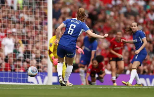 Sjoeke Nuesken of Chelsea scores her team's third goal during the Barclays Women´s Super League match between Manchester United and Chelsea FC at Old Trafford