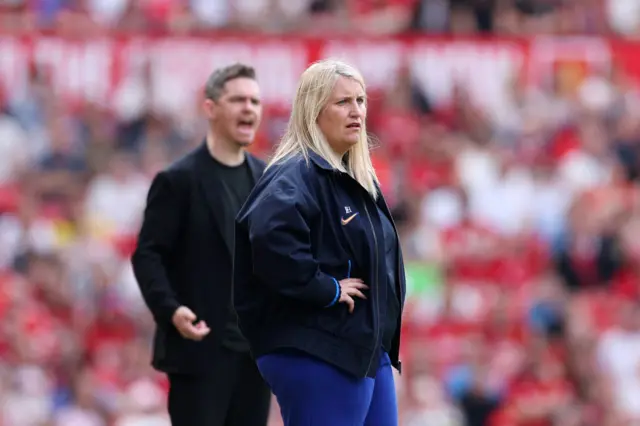 Emma Hayes, Manager of Chelsea, looks on during the Barclays Women´s Super League match between Manchester United and Chelsea FC at Old Trafford