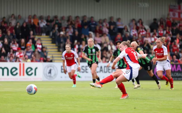 Kim Little of Arsenal takes a penalty kick, which is saved by Sophie Baggaley of Brighton & Hove Albion (not pictured), during the Barclays Women´s Super League match between Arsenal FC and Brighton & Hove Albion