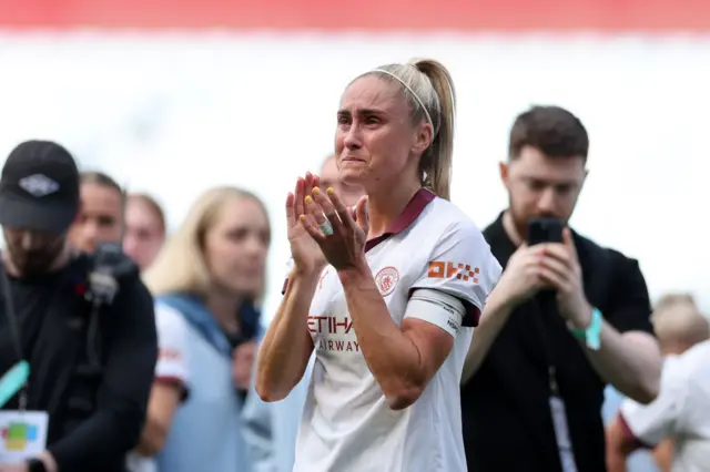 Steph Houghton of Manchester City applauds the fans after the Barclays Women´s Super League match between Aston Villa and Manchester City at Villa Park