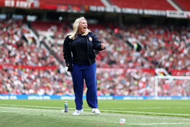 Emma Hayes, Manager of Chelsea, celebrates as Melanie Leupolz of Chelsea (not pictured) scores her team's fifth goal during the Barclays Women´s Super League match between Manchester United and Chelsea FC