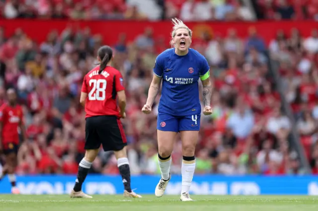 Millie Bright of Chelsea celebrates her team's first goal, scored by teammate Mayra Ramirez (not pictured) during the Barclays Women´s Super League match between Manchester United and Chelsea FC