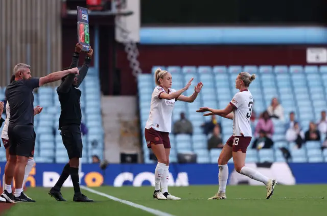 Alanna Kennedy of Manchester City leaves the field as she is replaced by substitute Steph Houghton during the Barclays Women´s Super League match between Aston Villa and Manchester City