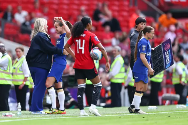 Guro Reiten of Chelsea Women celebrates with Emma Hayes the head coach / manager of Chelsea Women during the Barclays Women's Super League match between Manchester United and Chelsea FC