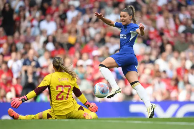 Johanna Rytting Kaneryd of Chelsea scores her team's second goal past Mary Earps of Manchester United during the Barclays Women´s Super League match between Manchester United and Chelsea FC