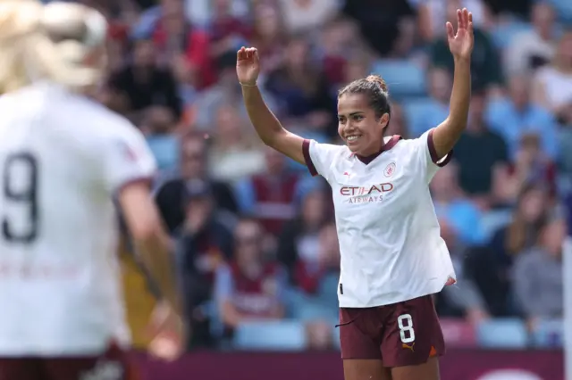 Mary Fowler celebrates after scoring the opening goal of the English Women's Super League football match between Aston Villa and Manchester City at Villa Park