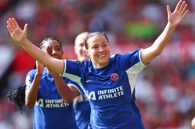 Fran Kirby of Chelsea Women celebrates after scoring a goal to make it 0-6 during the Barclays Women's Super League match between Manchester United and Chelsea FC