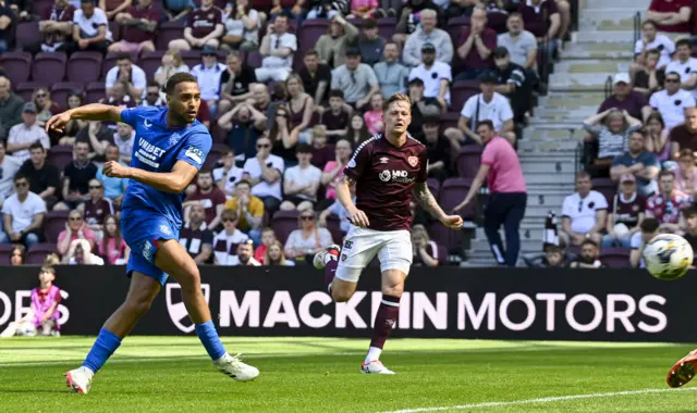 Rangers' Cyriel Dessers has a shot on target during a cinch Premiership match between Heart of Midlothian and Rangers at Tynecastle Park