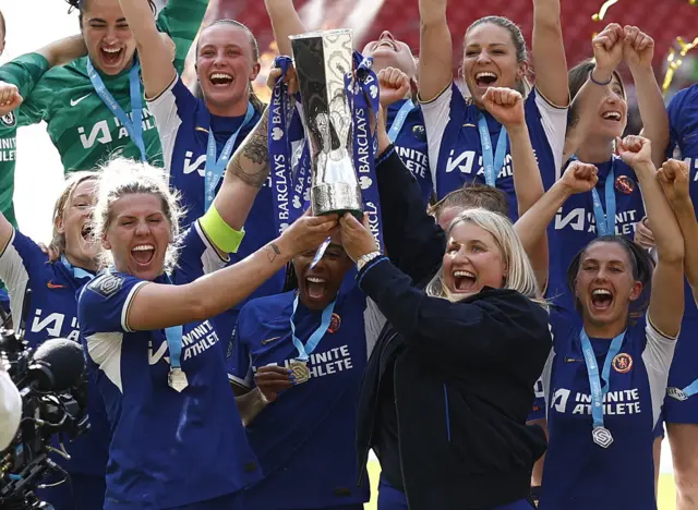 Emma Hayes and Millie Bright with trophy