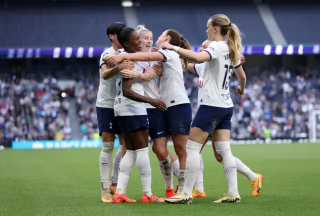 Jessica Naz of Tottenham Hotspur celebrates scoring her team's second goal with teammates during the Barclays Women's Super League match between Tottenham Hotspur and West Ham United