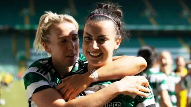 Amy Gallagher celebrates after scoring to make It 1-0 Celtic during a Scottish Power Women's Premier League match between Celtic and Hibernian at Celtic Park, on May 19, 2024, in Glasgow, Scotland.