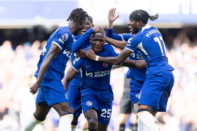 Moisés Caicedo of Chelsea celebrates with his teammates after scoring a goal to make it 1 - 0 during the Premier League match between Chelsea FC and AFC Bournemouth