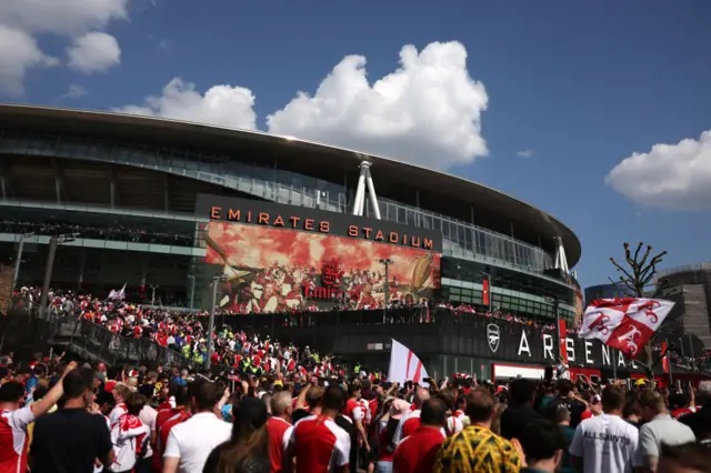 A general view of the Emirates Stadium as fans make their way inside prior to the Premier League match between Arsenal FC and Everton FC at Emirates Stadium