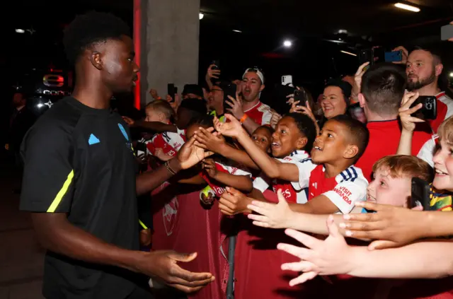 Bukayo Saka of Arsenal arrives at the stadium prior to the Premier League match between Arsenal FC and Everton FC at Emirates Stadium