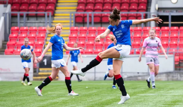 Rangers' Tessel Middag scores to make it 2-0 during a Scottish Power Women's Premier League match between Rangers and Partick Thistle at Broadwood Stadium, on May 19, 2024, in Glasgow, Scotland.