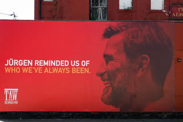 : A billboard outside Anfield of Jurgen Klopp the head coach / manager of Liverpool during the Premier League match between Liverpool FC and Wolverhampton Wanderers