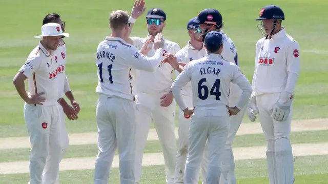 Simon Harmer celebrates taking wicket