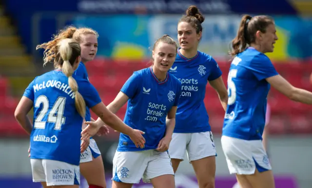 Rangers' Kirsty Howat celebrates with Olivia McLoughlin after scoring to make it 3-0 during a Scottish Power Women's Premier League match between Rangers and Partick Thistle at Broadwood Stadium, on May 19, 2024, in Glasgow, Scotland.