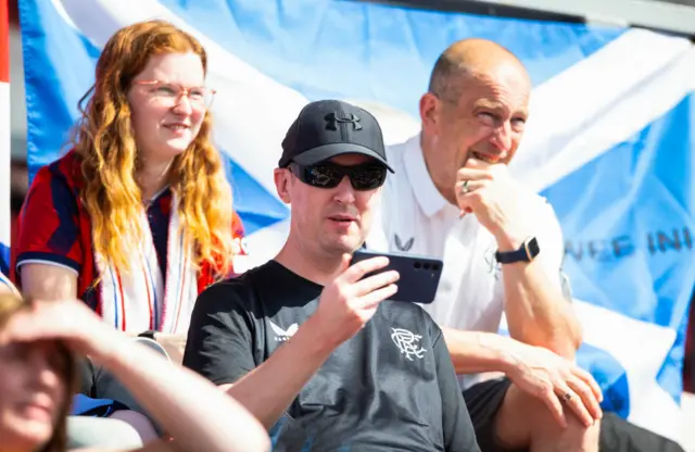 Rangers fans during a Scottish Power Women's Premier League match between Rangers and Partick Thistle at Broadwood Stadium, on May 19, 2024, in Glasgow, Scotland.