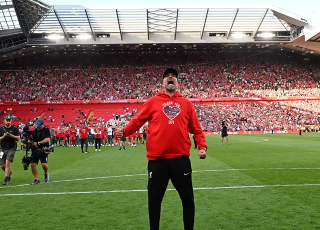 Jurgen Klopp manager of Liverpool showing his appreciation to the fans at the end of the Premier League match between Liverpool FC and Wolverhampton Wanderers