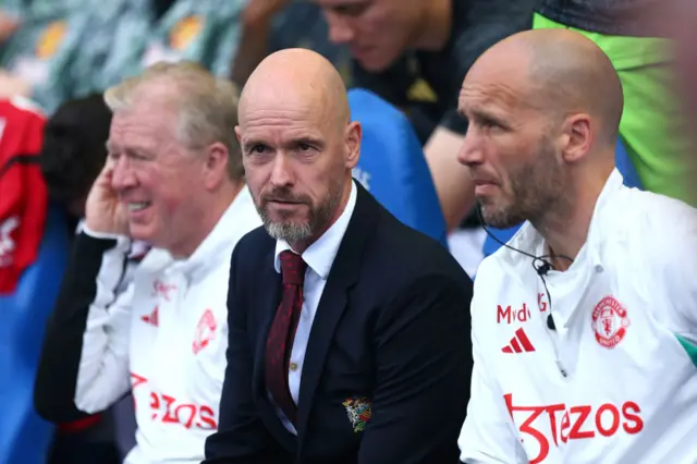 Erik ten Hag, Manager of Manchester United, looks on prior to the Premier League match between Brighton & Hove Albion and Manchester United at American Express Community Stadium