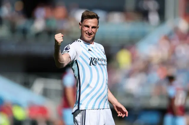 Chris Wood of Nottingham Forest celebrates scoring his team's second goal during the Premier League match between Burnley FC and Nottingham Forest at Turf Moor on May 19, 2024 in Burnley, England