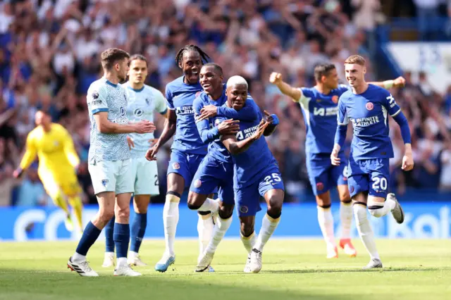 Moises Caicedo of Chelsea celebrates with Nicolas Jackson of Chelsea after scoring his team's first goal during the Premier League match between Chelsea FC and AFC Bournemouth at Stamford Bridge