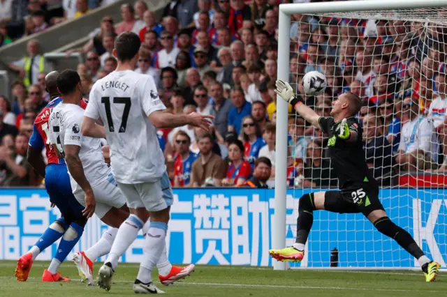 Crystal Palace's French striker #14 Jean-Philippe Mateta (L) scores their second goal during the English Premier League football match between Crystal Palace and Aston Villa at Selhurst Park