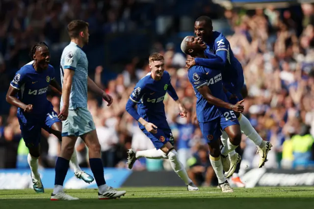 Moises Caicedo of Chelsea celebrates with Nicolas Jackson of Chelsea after scoring his team's first goal during the Premier League match between Chelsea FC and AFC Bournemouth at Stamford Bridge