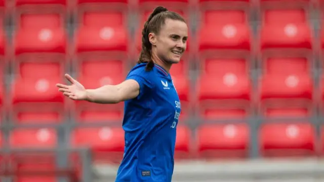 Rangers' Kirsty Howat celebrates after scoring to make it 1-0 during a Scottish Power Women's Premier League match between Rangers and Partick Thistle at Broadwood Stadium, on May 19, 2024, in Glasgow, Scotland.