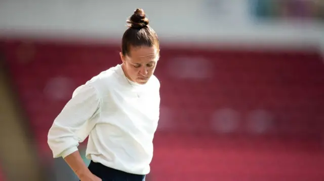 Rangers Manager Jo Potter looks dejected during a Scottish Power Women's Premier League match between Rangers and Partick Thistle at Broadwood Stadium, on May 19, 2024, in Glasgow, Scotland.