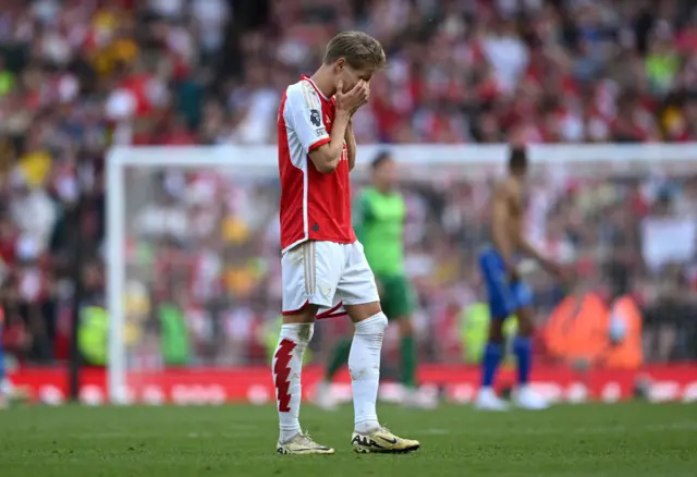 Martin Odegaard of Arsenal looks dejected following the Premier League match between Arsenal FC and Everton FC at Emirates Stadium