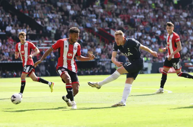 Dejan Kulusevski of Tottenham Hotspur scores his team's first goal during the Premier League match between Sheffield United and Tottenham Hotspur at Bramall Lane