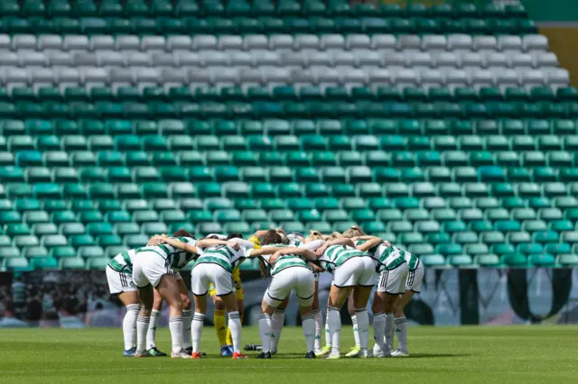 Celtic pre-match huddle during a Scottish Power Women's Premier League match between Celtic and Hibernian at Celtic Park