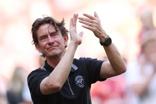 Thomas Frank, Manager of Brentford, applauds the fans after the Premier League match between Brentford FC and Newcastle United at Brentford Community Stadium