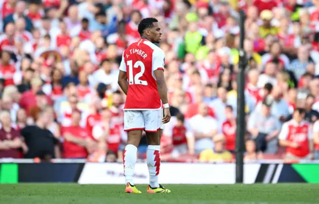 Jurrien Timber of Arsenal looks on during the Premier League match between Arsenal FC and Everton FC at Emirates Stadium